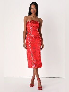 Lulus Make A Move Red Satin Floral Jacquard Strapless Midi Dress Size Small